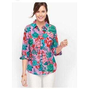 Talbots Cotton Button Front Shirt Sketched Blooms in Violet Sz L Lightweight